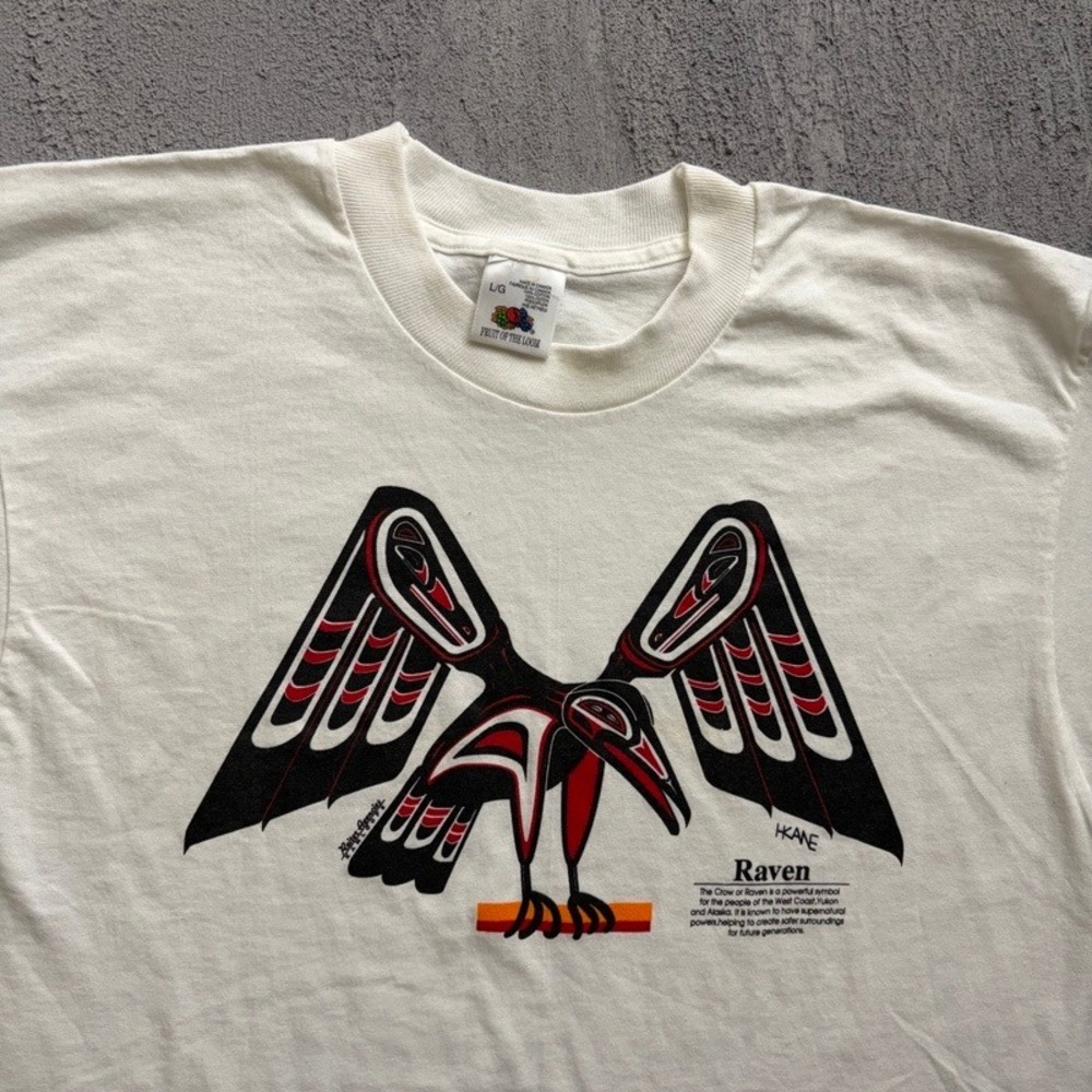 Vintage Raven Indigenous Shirt Large White 1990s Art Yukon Alaska